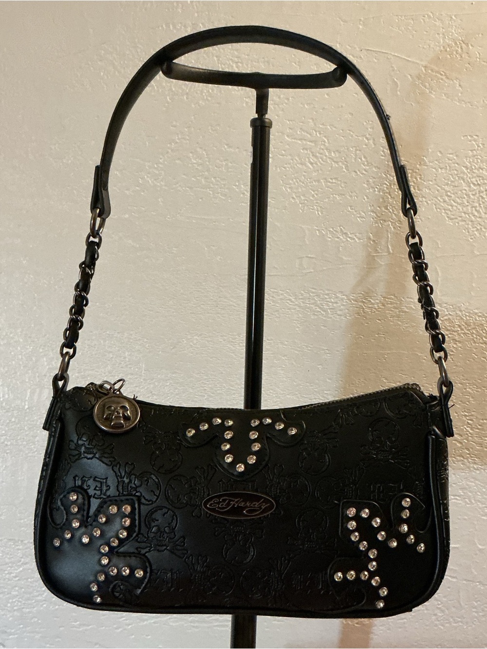 Ed Hardy Studded Jewel Baguette Shoulder Bag - Black - nwot
